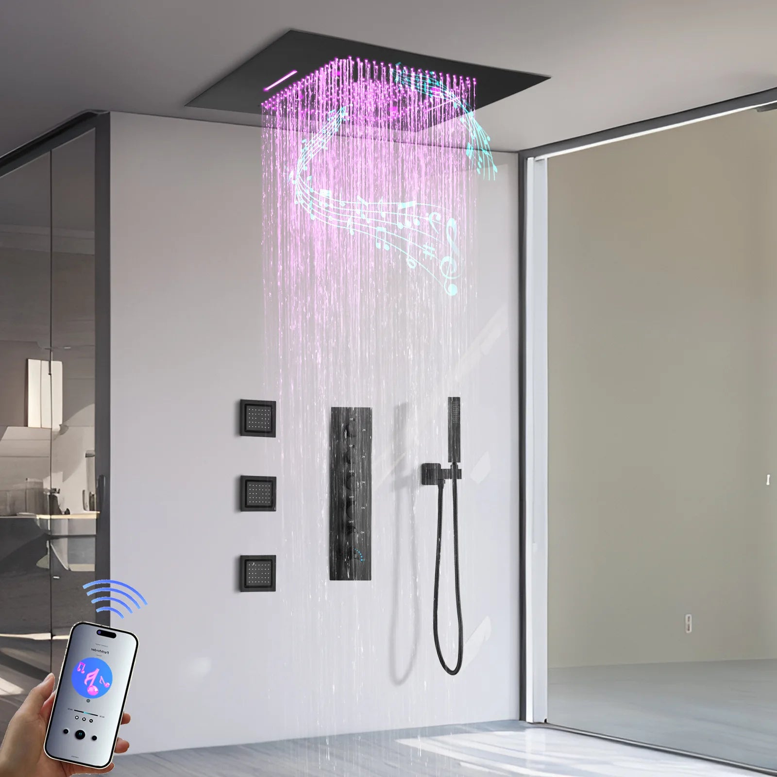 Thermostatic Shower System LED Music Rainfall Waterfall Shower  System Ceiling Mount Multi Function Rain Shower Faucet Set