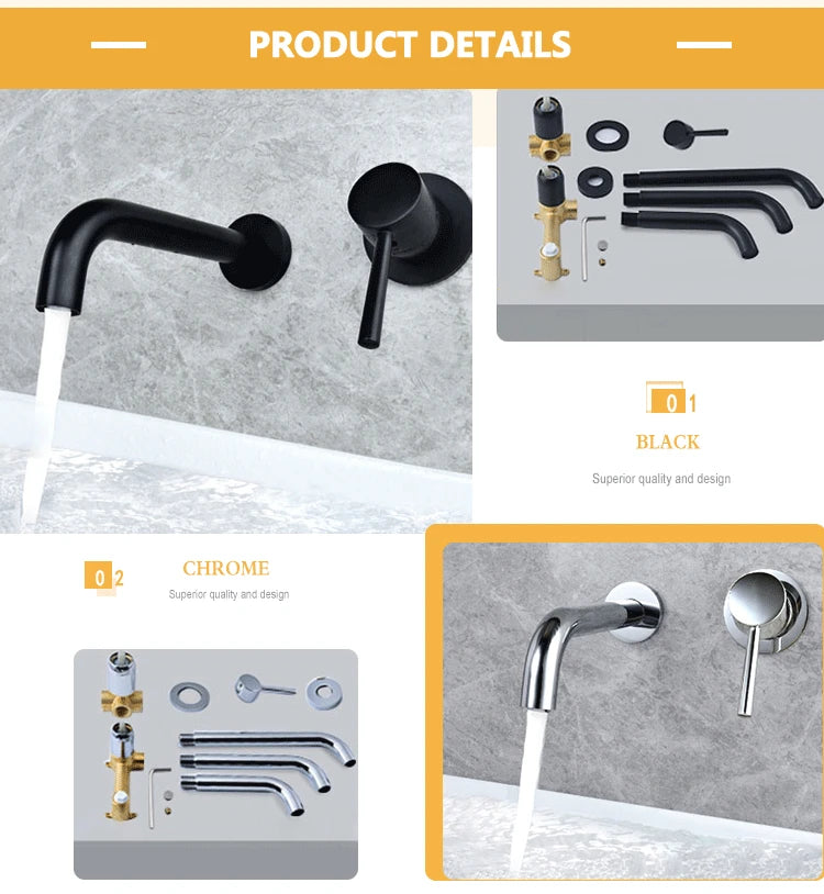 Luxury Brushed Gold Tap Wall Mount Bathroom Basin Sink Faucet Solid Brass Single Handle Hot and Cold Mixer Golden Bathtub Faucet
