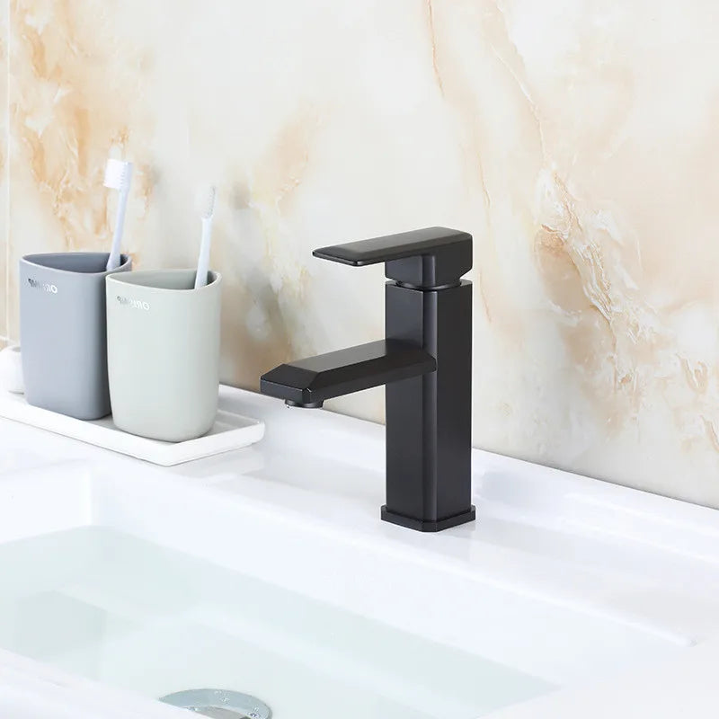 Matte Black Modern Single Hole Ceramic Bathroom Faucet Brass Hot/Cold Basin Mixer with Metered Flow