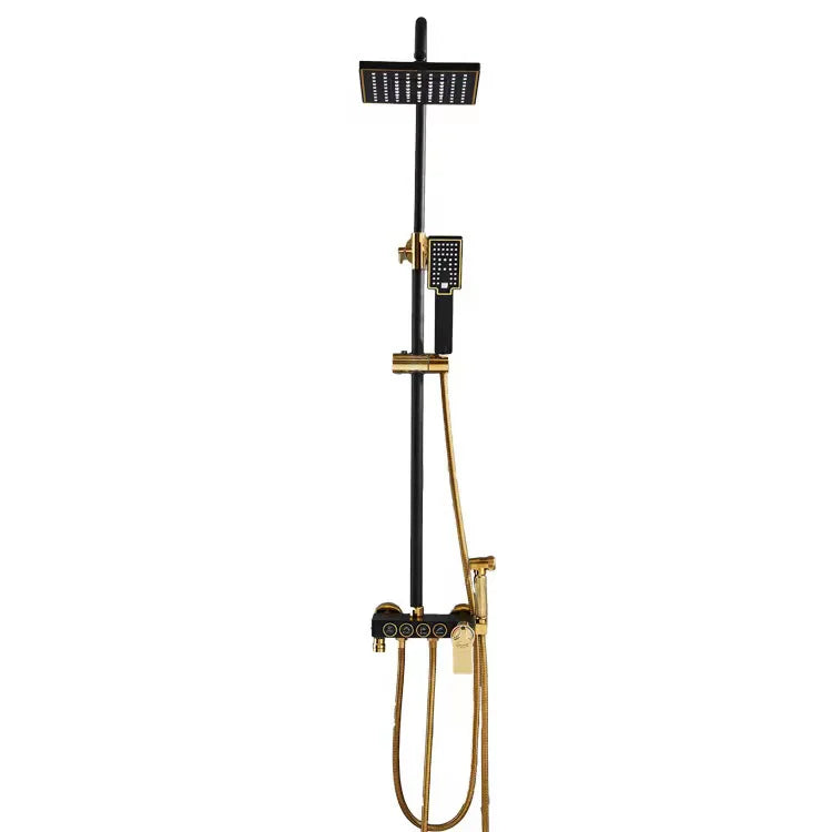 HUBEN Black Gold Button Stainless Steel Ceramic Thermostatic Metered Faucets Single Handle Rainfall Chrome Pressurized Shower