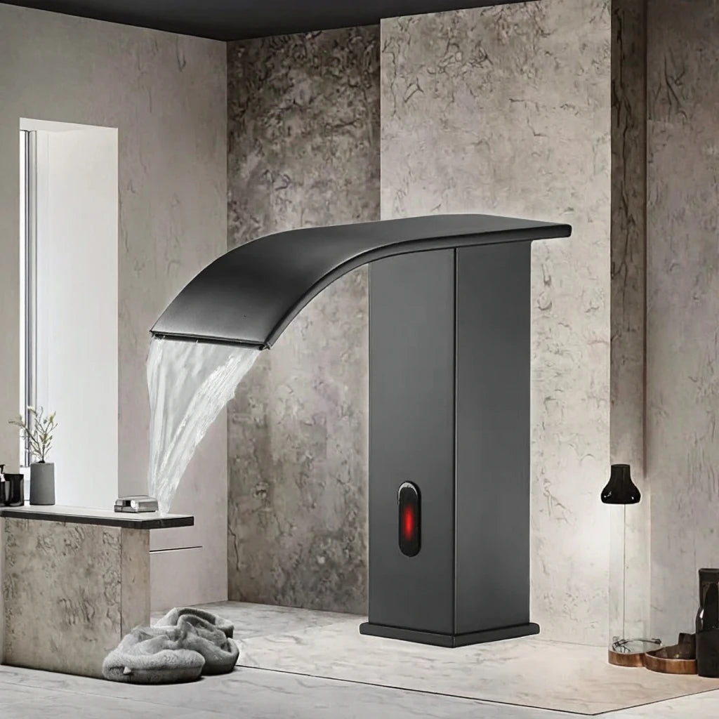 Modern Stainless Steel Deck Mount Waterfall Bathroom Faucet Cold Hot Water Tap for Bedroom Vanity Vessel Basin Faucet
