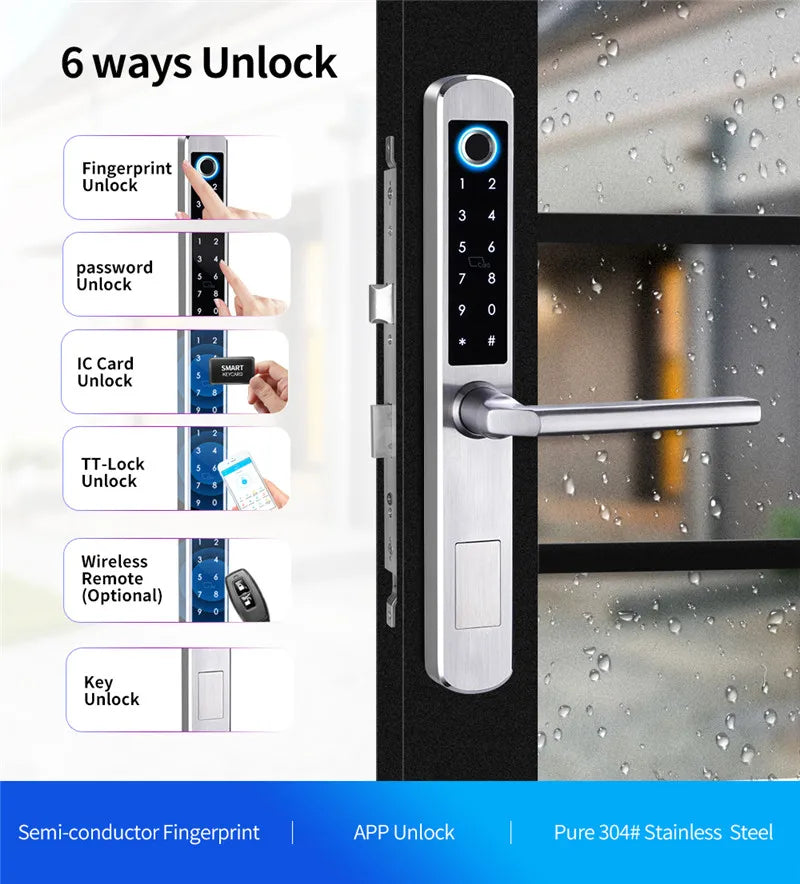 High Security Stainless Steel Thermal Break Smart Door Lock for Wood Door with Fingerprint Electronic Control WiFi IP64 Tuya App