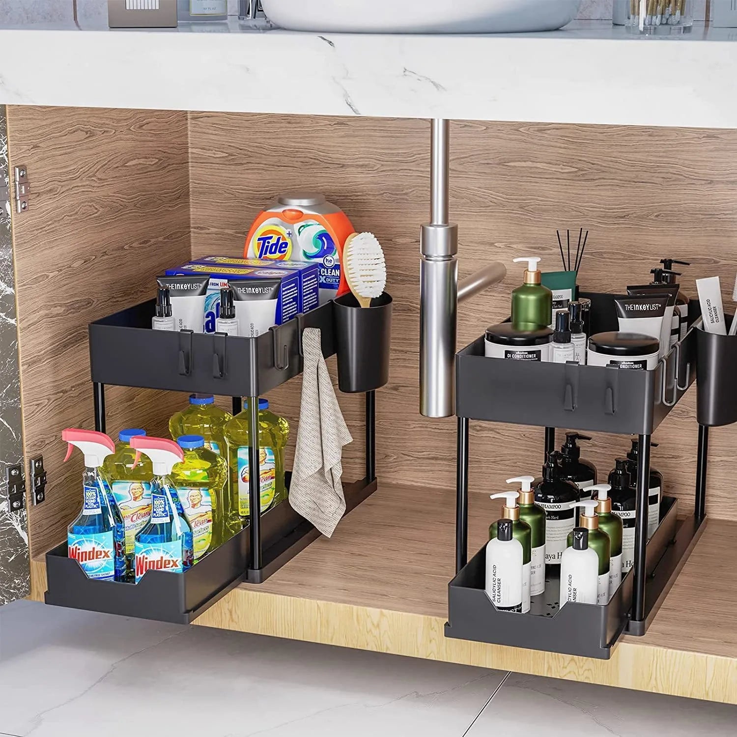 2 Baskets with 4 Hooks 2 Tier Under Sink Organizer Sliding Cabinet Basket  Rack with Hooks Hanging Cup Storage Rack Organizer