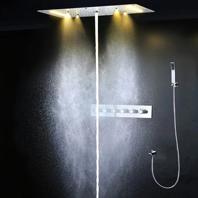 Bathroom LED Shower Set Ceiling Rainfall Waterfall Misty Shower Head Panel 380x700mm Thermostatic Mixer Diverter Faucets System
