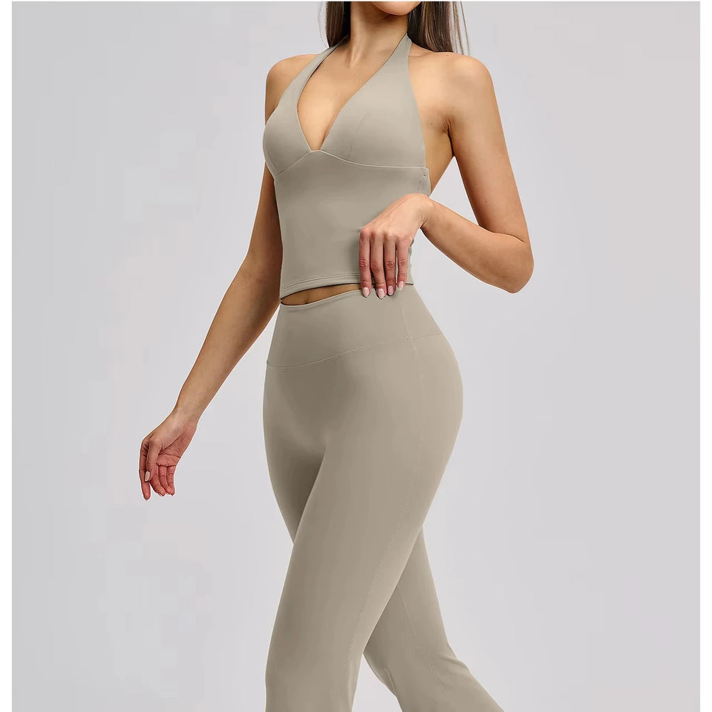 Women's Halter Backless Brushed Flare Yoga Set High Waist Flared Pants Workout Running Outfit