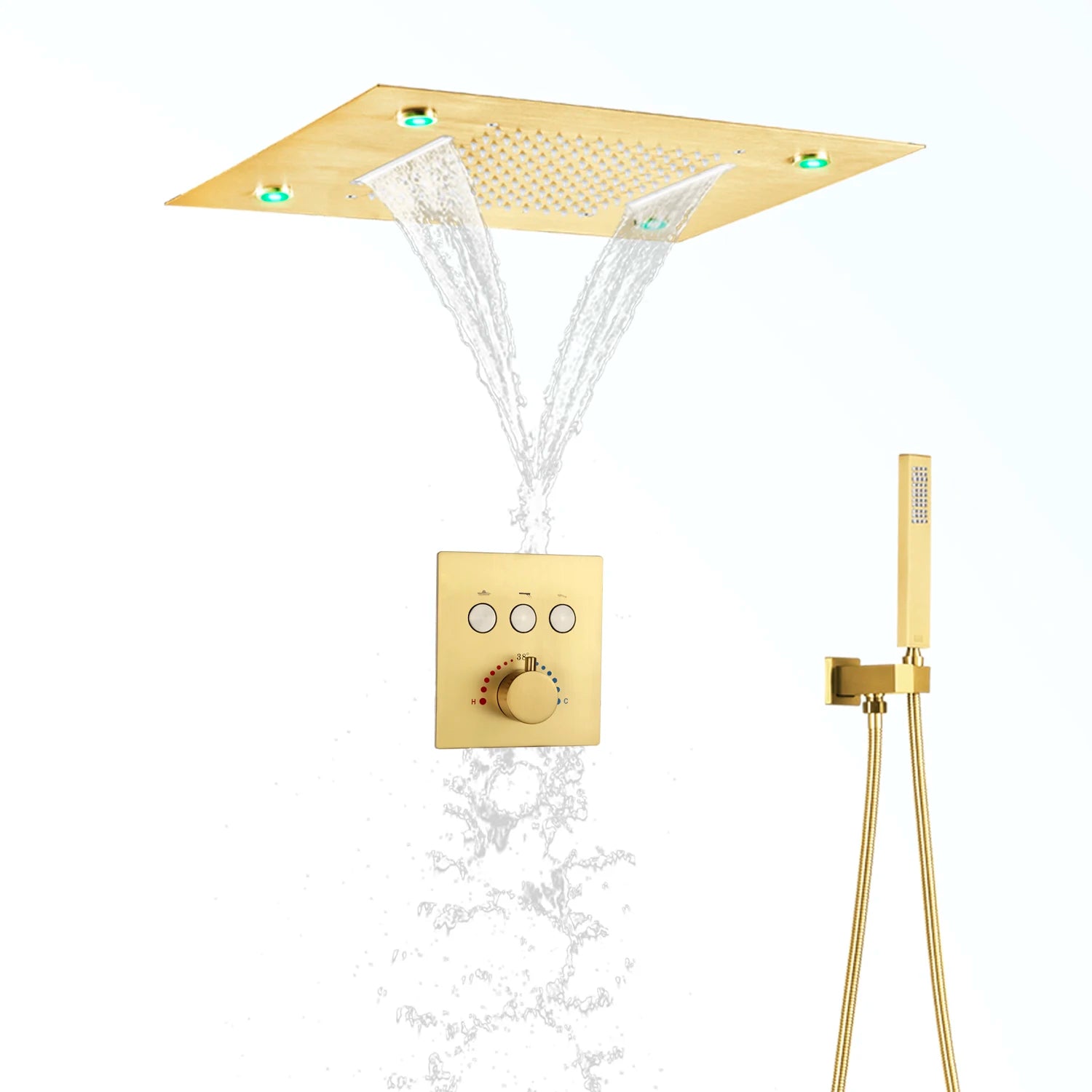 Ceiling Shower System 20x14 Inch Large LED Shower Head Rain Waterfall Bath Gold Faucets Set With Thermostatic Mixer Valve