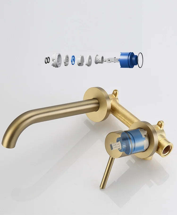 Wall Mounted Spout Basin Faucet Solid Brass Brushed Rose Gold Bathroom Bathtub Shower Mixer For Lavatory Sink Brushed gold Taps