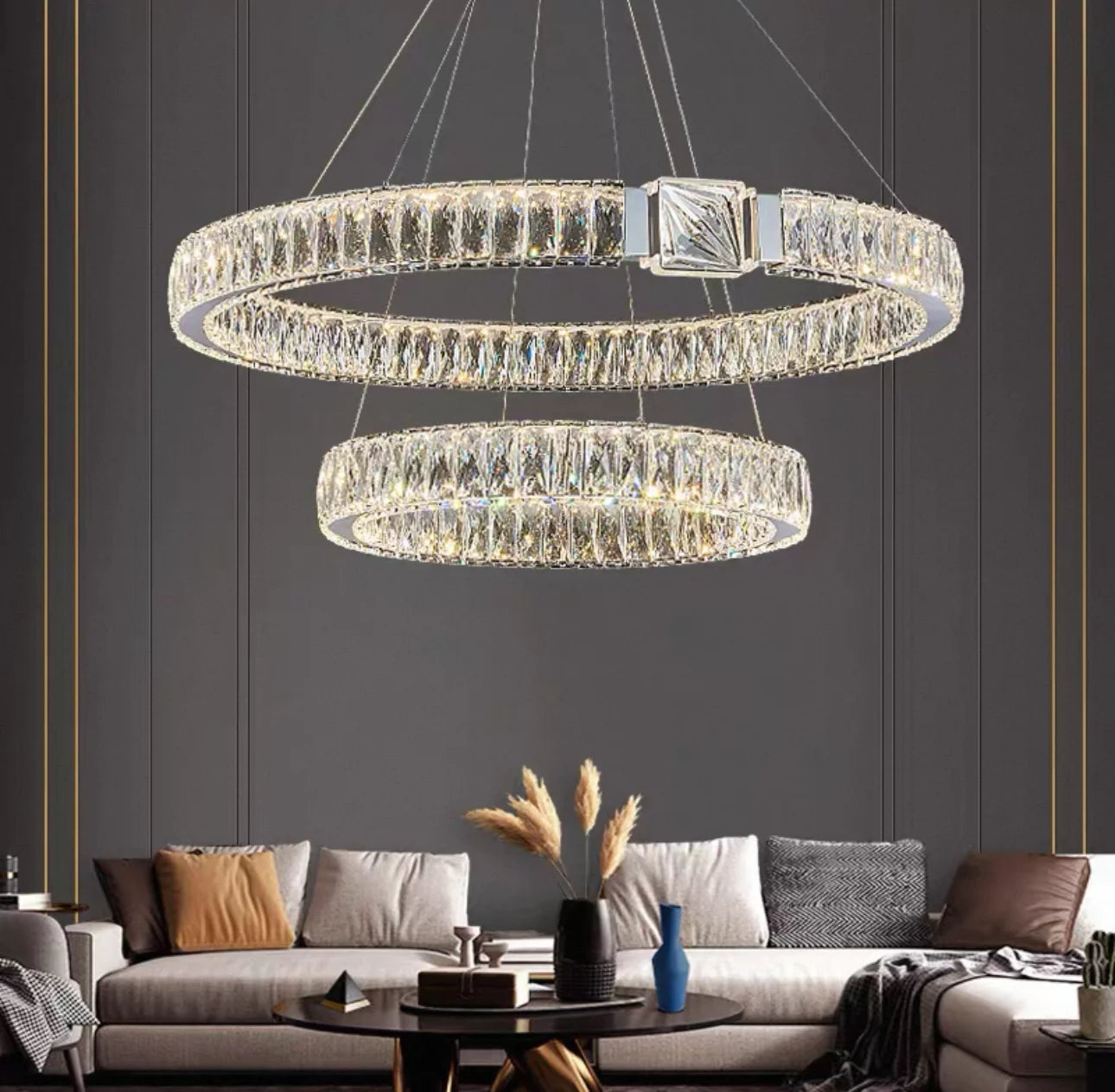 Circular ceiling light, living room stainless steel high adjustable crystal ring pendant light
