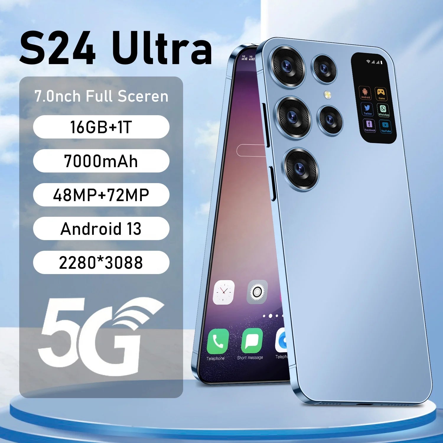 Promotion Custom S24 Ultra Unlocked Mobile Phones Big Screen 5G Smartphone 16gb + 1TB Android13 Dual SIM Card Telefone