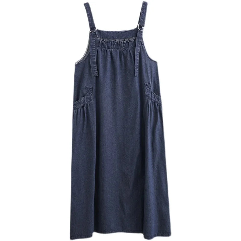 Boutique Wholesale 2026 Spring and Summer New Suspender Long Dress Loose and Thin Denim Belt Dress Large Swing Dress