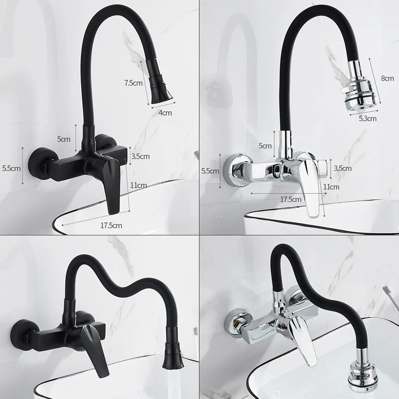 ELLEN Wall Mount Kitchen Sink Faucet Hot Cold Sink Water Mixer Tap 2 Holes Black Faucets 360 Degree Swivel ELK5400