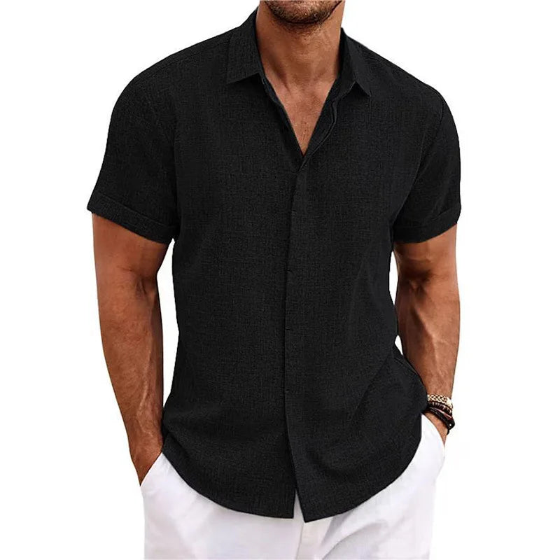 Men's Linen/Cotton Short-Sleeve Loose-Fit Solid Color Beach-Style Plus-Size Shirt Turn-down Collar Beaded Machine Washable