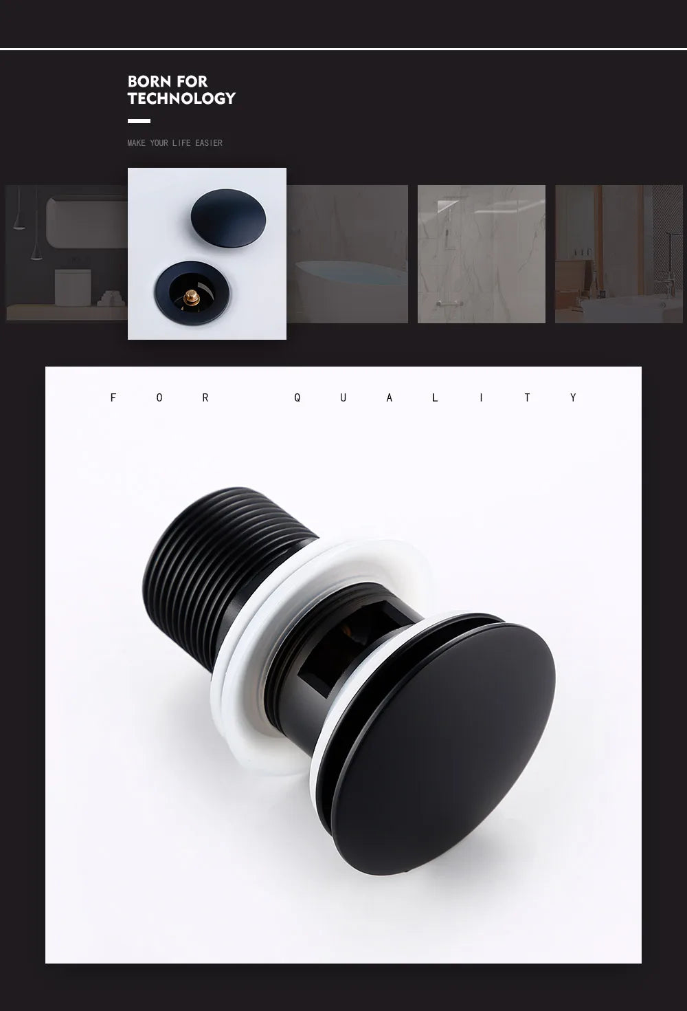 Bathroom Basin Gunmetal Pop-Up Drain Waste Stopper Sink Accessories Solid Support Round Bathtub Brass Flush Drain