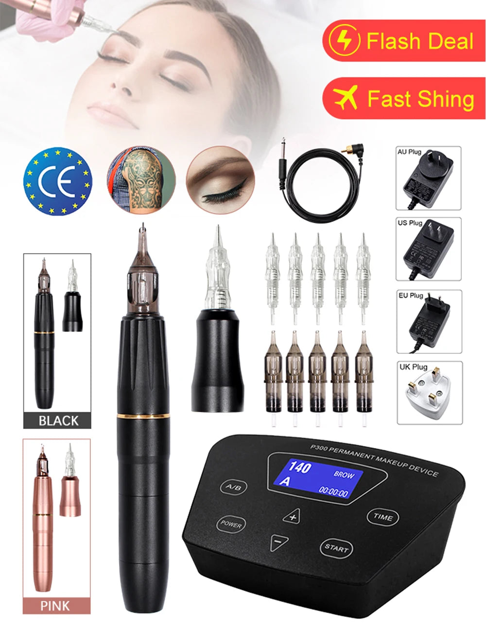 Permanent Makeup Machine Sets Dual Use Rotary Tattoo Machine Pen Tattoo Kits for Cheap Eyebrow Machine with 2 head P300