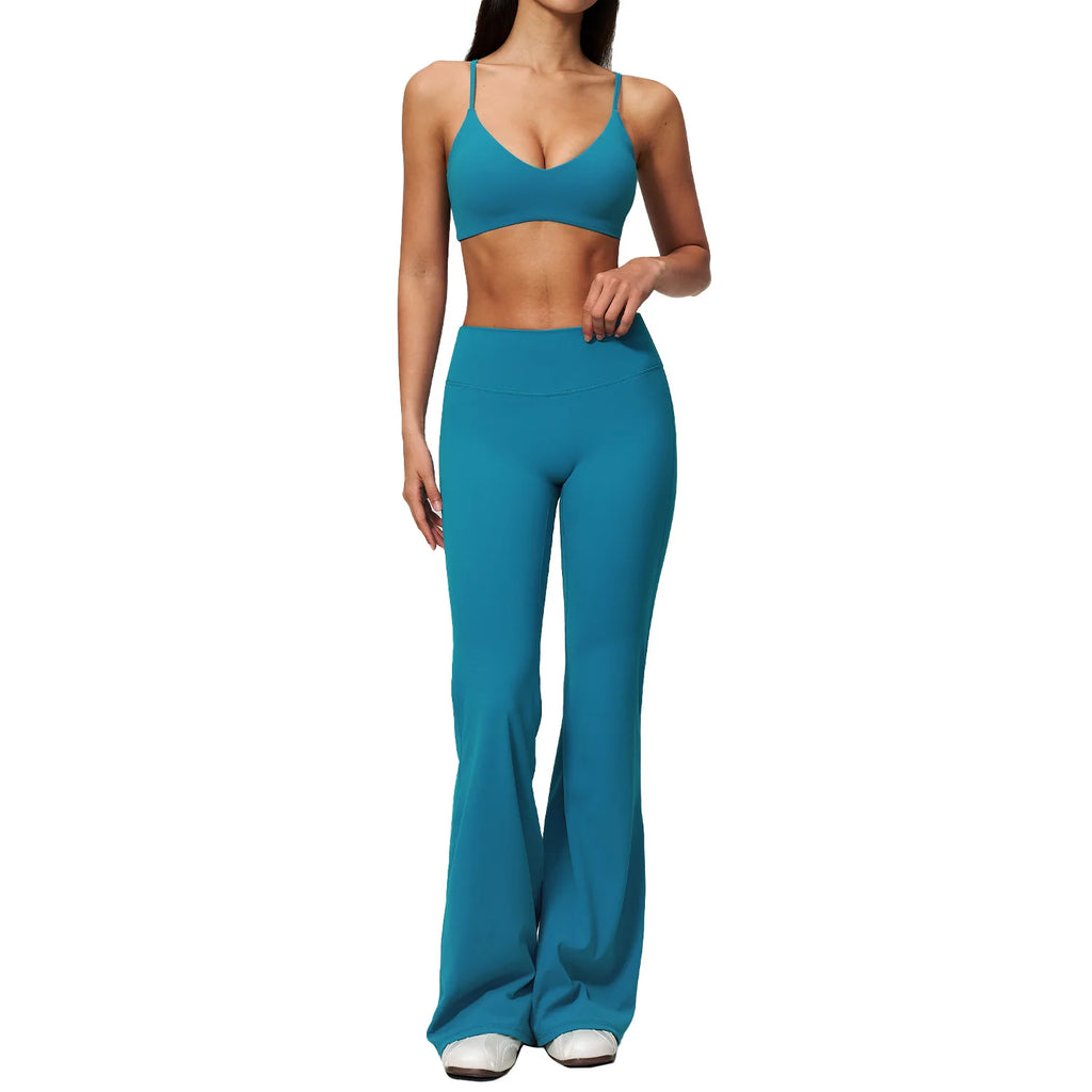 Textured Spandex/Nylon Workout Clothes Soft Sportswear Set Deep V-Neck High-Waisted Tummy-Control Solid Sweat-Wicking Two-Piece