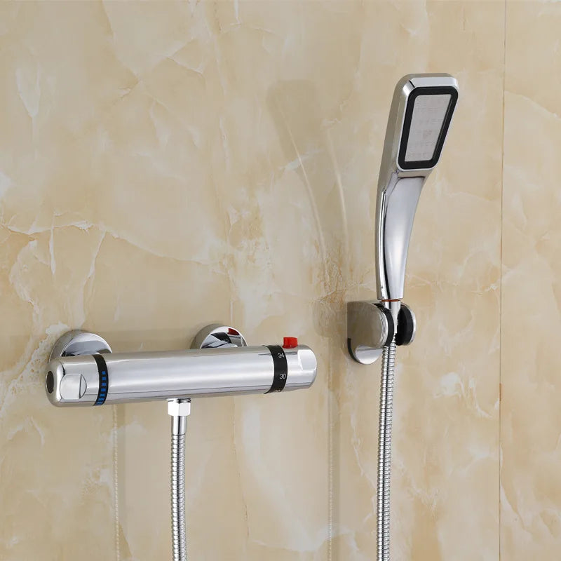 Brass Thermostatic Mixing Valve & Shower Faucet with Chrome Finish Dual Handle Soft/Rain Spray for Electric/Solar Water Heaters