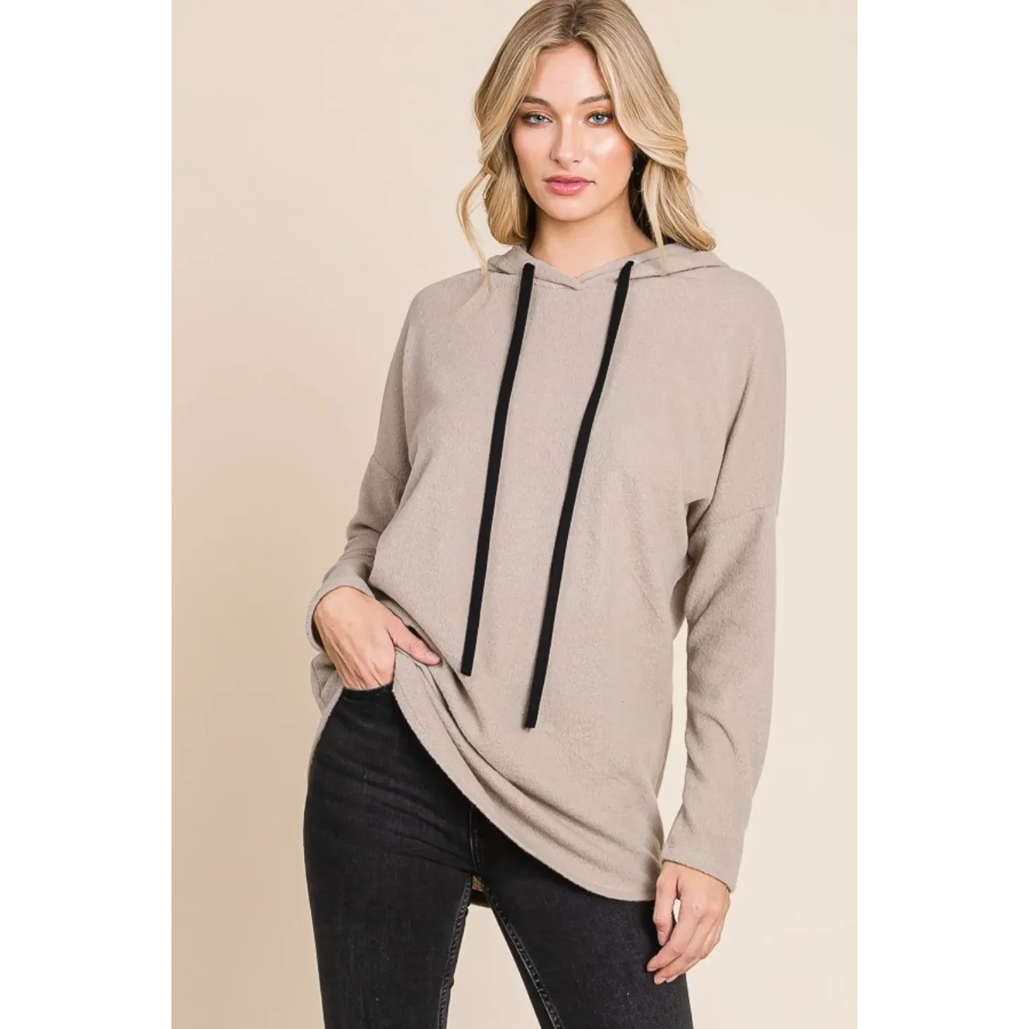 BOMBOM Women's Contrast Drawstring Drop Shoulder Knit Hoodie FCJ Collection