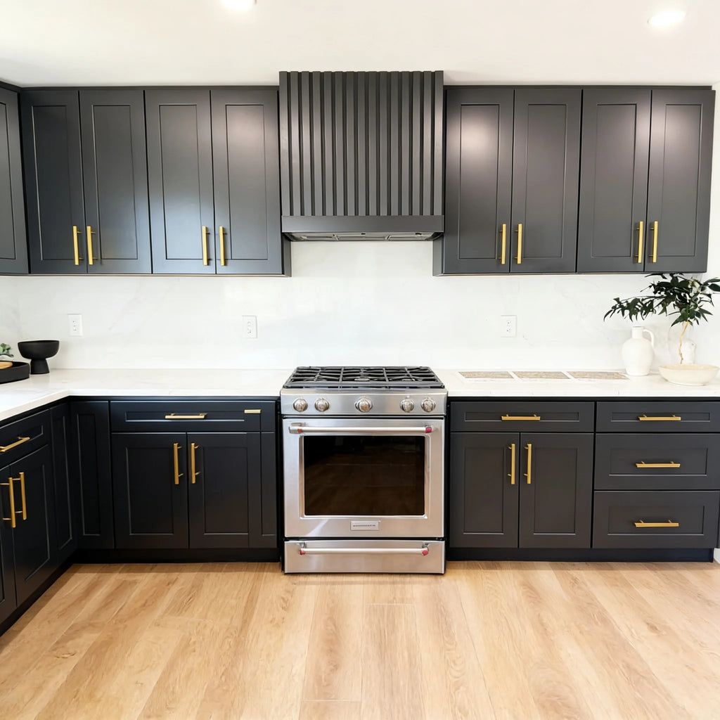 Custom Matte Dark Grey Handleless L Shape Kitchen Cabinets Modern Minimalist Flat Panel With  Countertop for Villa Apartment