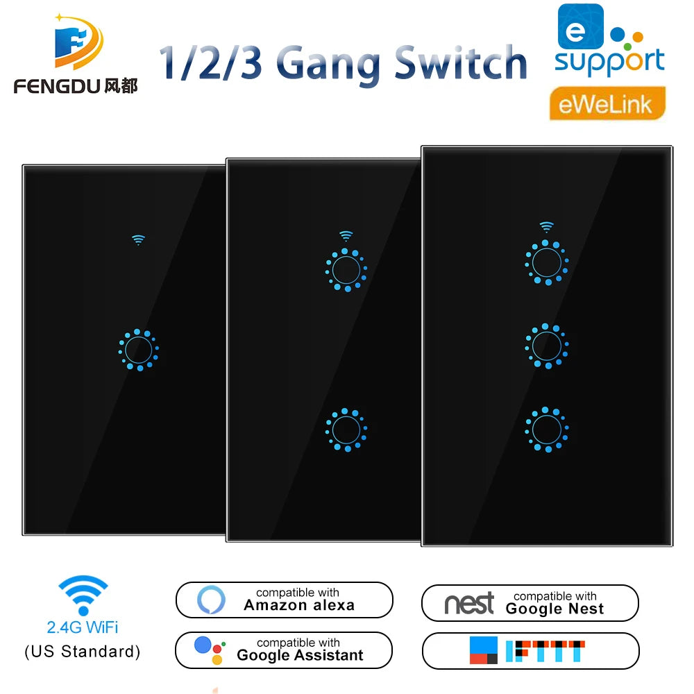 US Standard 1/2/3 Gang WiFi Smart LED Light Touch Switch Wall Panel Smart Home Switch Voice Control eWeLink Alexa