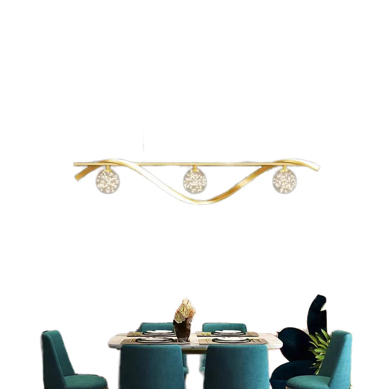 Nordic LED AC Middle Size Iron Gold Pendant Light Luxury Long Strip Chandelier for Dining/Living Room Bar Simple Modern
