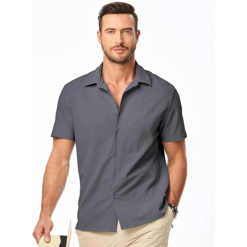 Custom Men's Slim Fit Seersucker Shirts Casual Short Sleeve Button Tuxedo for Beach Summer Vacation Wedding Tops Woven Fabric