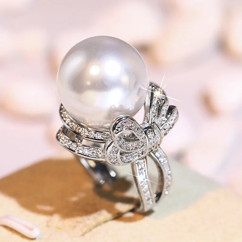 T0568 Women's Cocktail Ring Freshwater Pearl Bowknot Pave Setting Round Brilliant Cut Wedding Fashion Jewelry