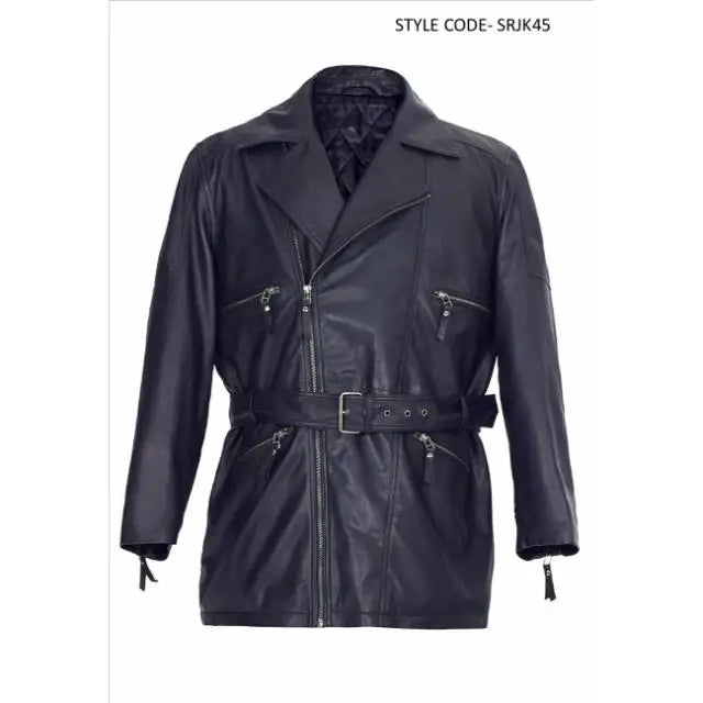 2026 Newly Arrival Men's Full Grain Leather Black Moto Jacket With Belt Zipper Closure Turn-Down Collar Regular Fit Autumn Style