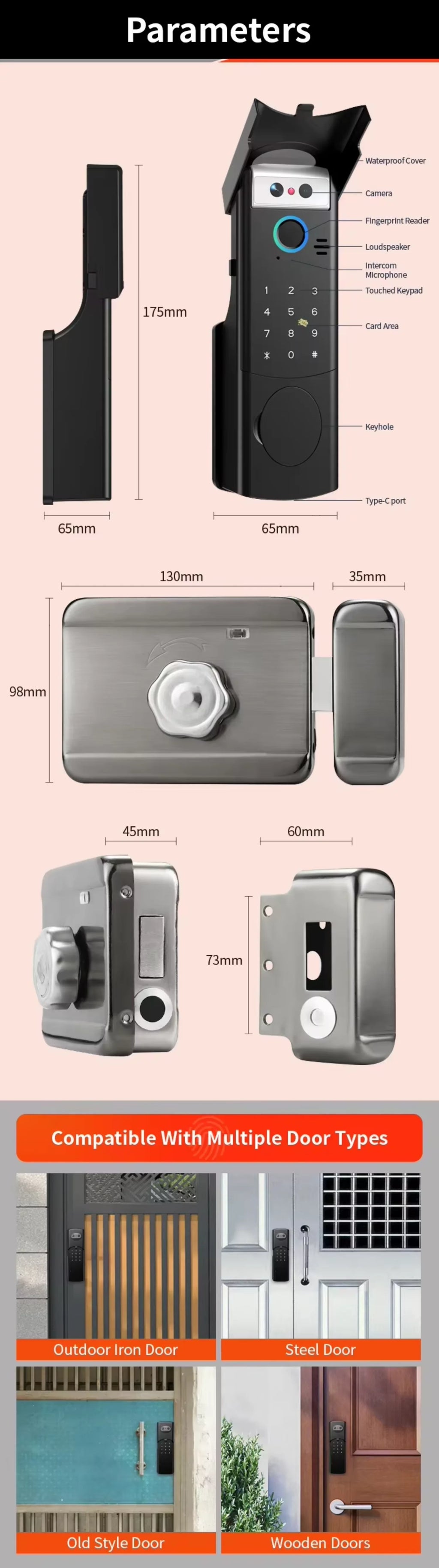 3D Face Recognition Front Door IP67 Waterproof Smart Lock Remote Keyless Fingerprint Password Unlock Cloud Wood Compatible