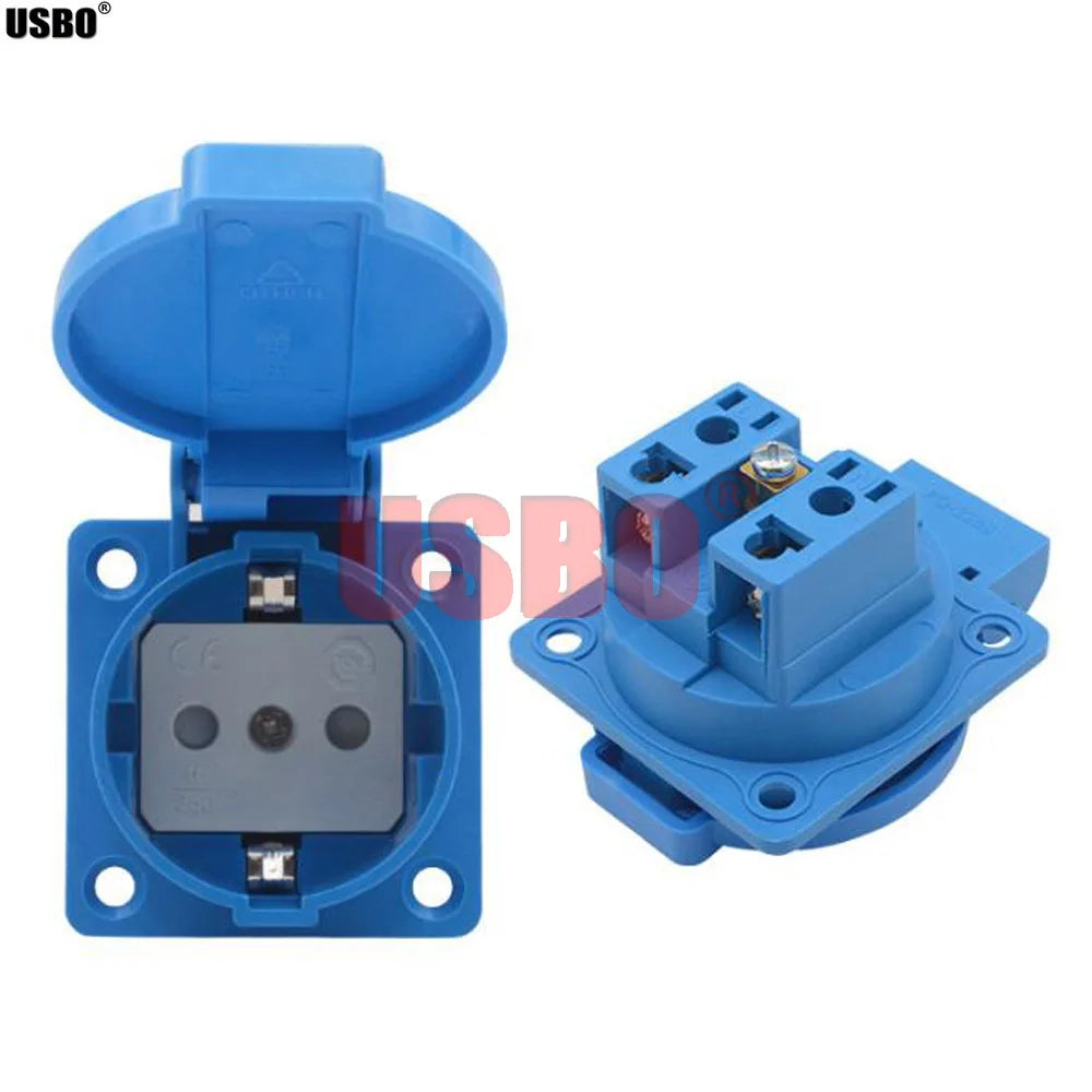 Black Blue Round Cover 50*50mm EU Industry AC Power Socket IP44 Europe Germany 16A 250V Grounding Outdoor Waterproof Socket