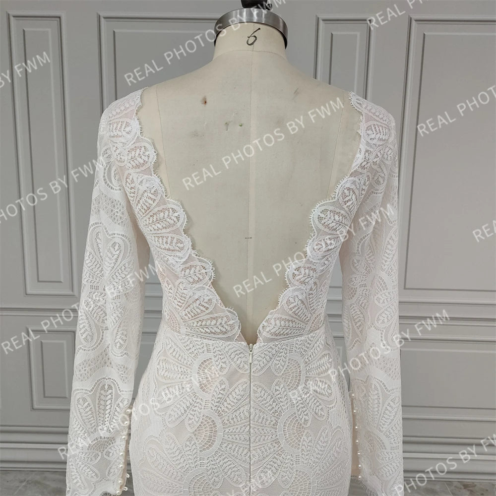 12476# Real Photo Front Slit V-neck Lace Wedding Dress Sweep Train Backless Mermaid Bride Gown for Women Bohemia