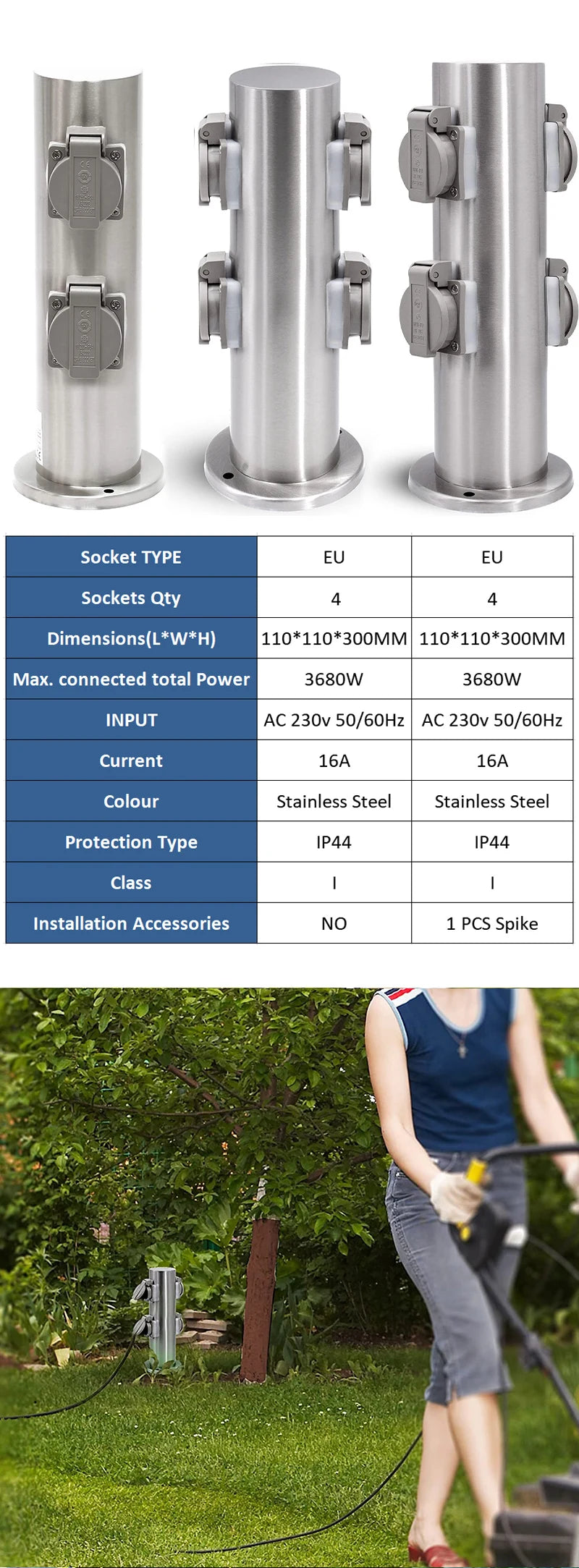 Outdoor Garden Socket 4-Way EU Sockets Waterproof Energy Column Multi-socket Spike for Garden décor Lawn Mower Electrical outlet