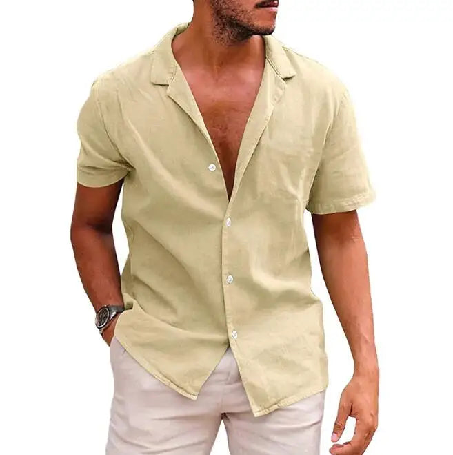 Summer Oversized Men's Short Sleeved Shirts Loose Fit Solid Color Button Cardigan Cotton Linen Shirt
