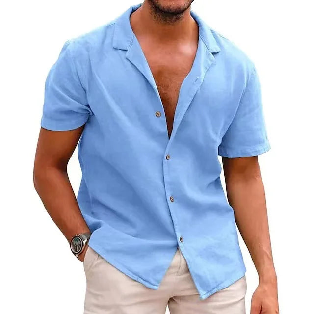 Summer New Men's Casual Lapel Solid Color Loose Short Sleeve Shirt Cotton Hemp Shirt