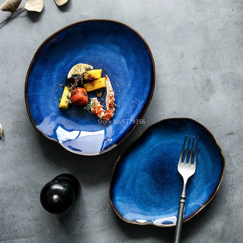 Ceramic Plate Irregular Dish Tableware Series Western Food Plate European Blue Color Glaze Salad Bowl Main Dish Kitchen Supplies