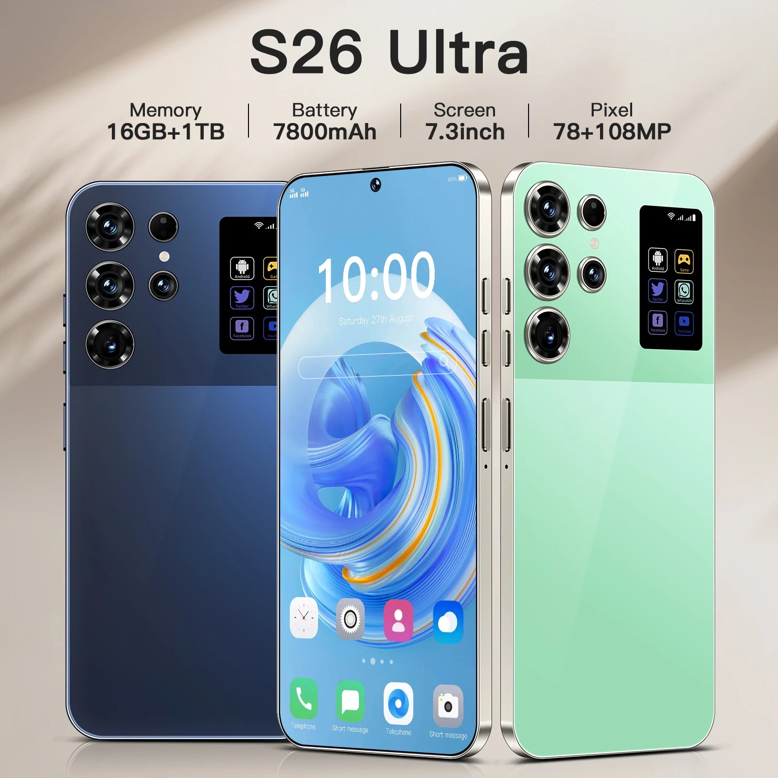 Hot Selling New S26 Ultra Mobile Phones 7.3-inch Android Smartphone Telephone Portable