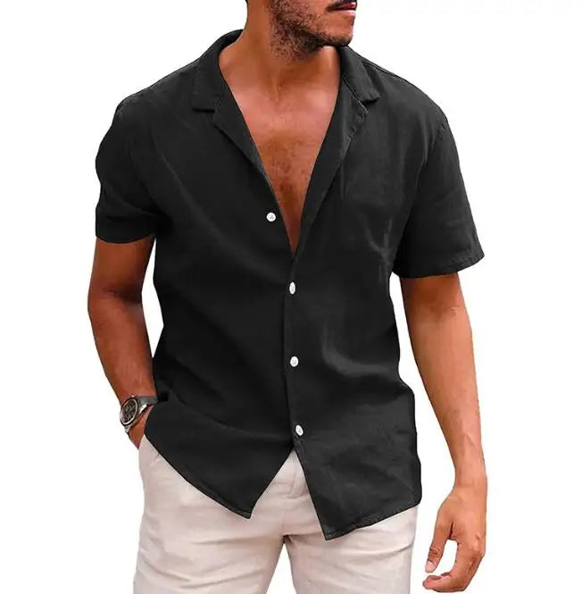 Summer Oversized Men's Short Sleeved Shirts Loose Fit Solid Color Button Cardigan Cotton Linen Shirt