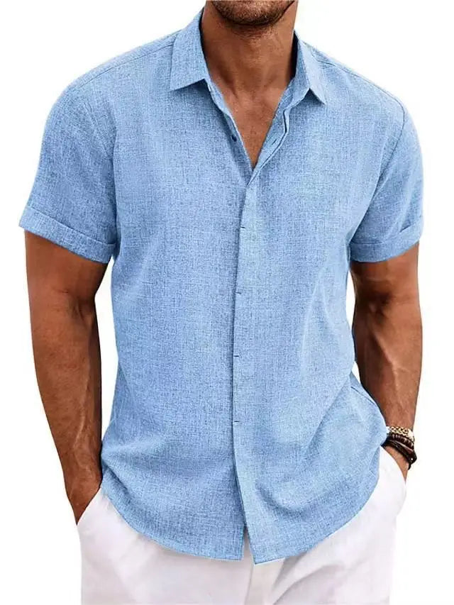 Men's Lapel Cotton Hemp Cardigan Short Sleeve High Quality Solid Color Shirt Summer Home Short Sleeve Sehe Fashion