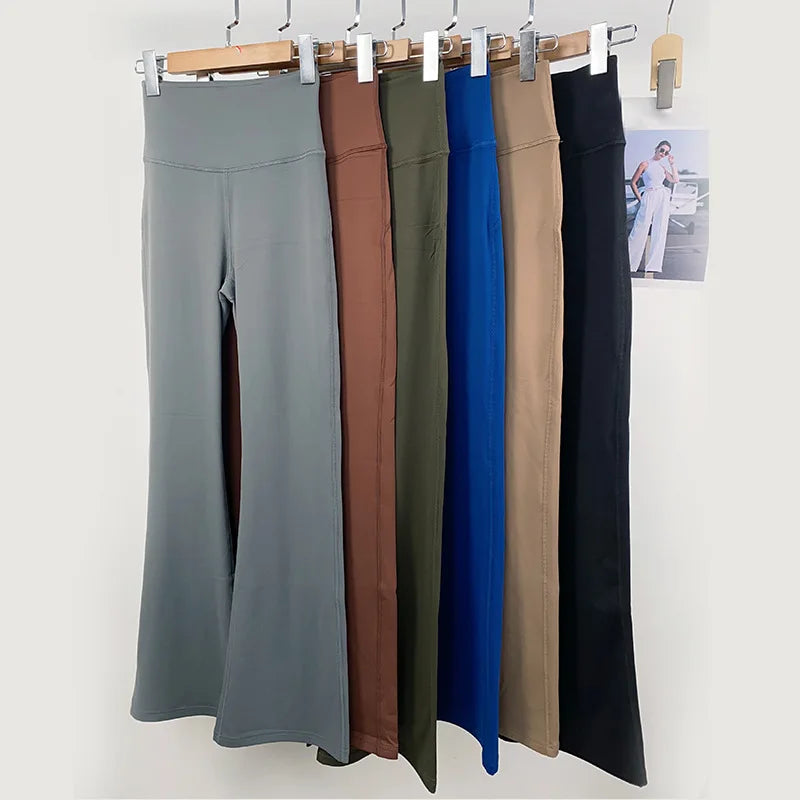 Solid Flared Yoga Sports Fitness Pants Spandex/Nylon High Waist Elastic Slimming Wide Leg Full Length Tummy Control Hip Lifting