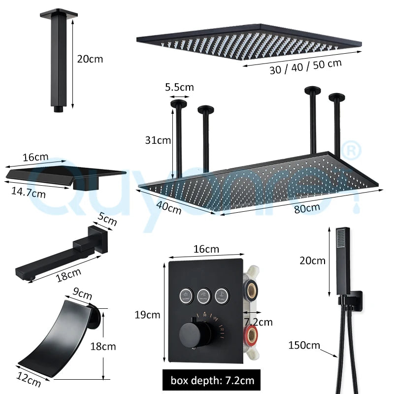Luxury Black LED Thermostatic Shower Faucet Large Rain Waterfall Shower System Button Control Thermostatic Mixer Tap Bath Shower