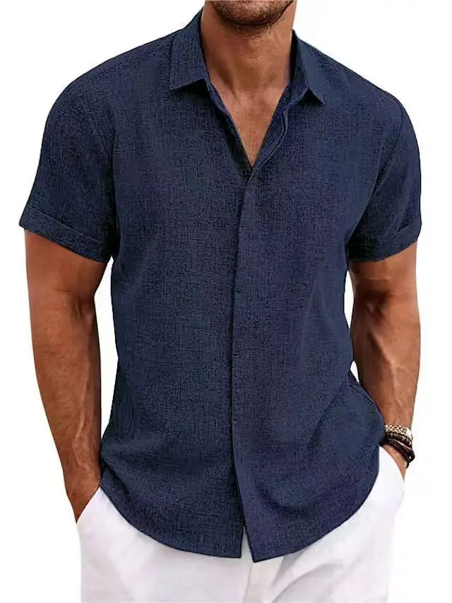 Men's Lapel Cotton Hemp Cardigan Short Sleeve High Quality Solid Color Shirt Summer Home Short Sleeve Sehe Fashion