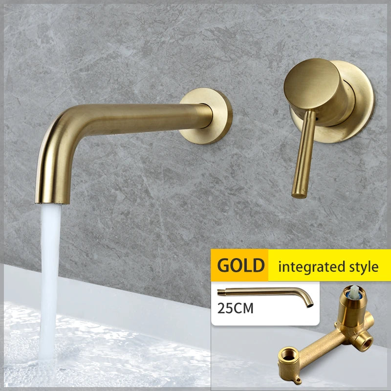 Luxury Brushed Gold Tap Wall Mount Bathroom Basin Sink Faucet Solid Brass Single Handle Hot and Cold Mixer Golden Bathtub Faucet