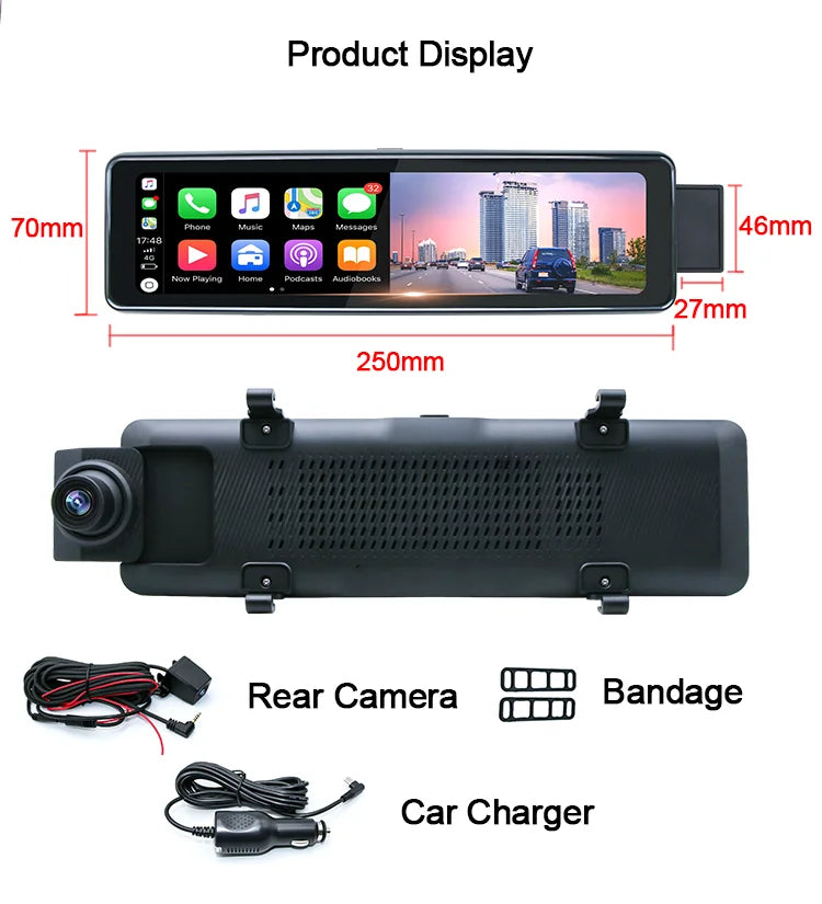 4k Rearview Mirror Dash Camera 10.99 Inch Car Dvr Universal Carplay Android Auto Car Video Recorder GPS Navigation Black Box