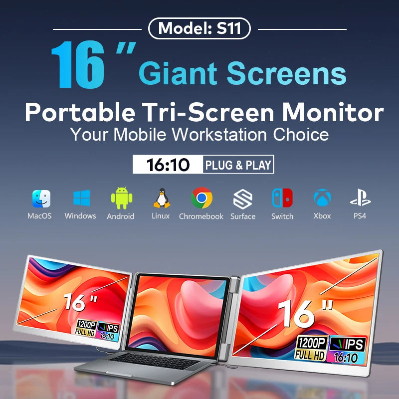 16 Inch Triple Screen Glossy IPS Laptop Monitor with Multiple Ports for Business Use