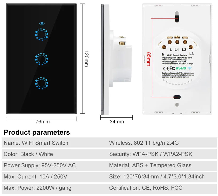 US Standard 1/2/3 Gang WiFi Smart LED Light Touch Switch Wall Panel Smart Home Switch Voice Control eWeLink Alexa