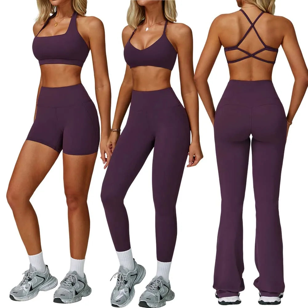 New Fashion Yoga Bra and Gym Leggings Shorts Set Custom logo Workout Flare Leggings Shorts Set for Women