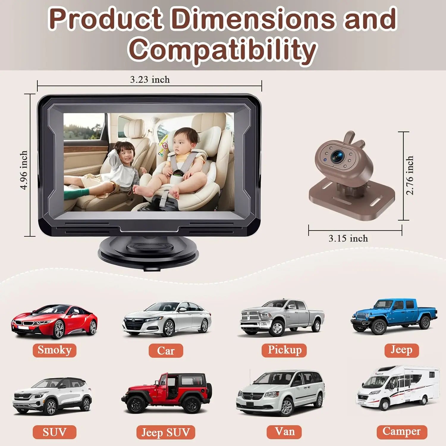 Brown Baby Car Camera Waterproof 1080P Easy Install Clear Night Vision 2Mins Plug-Play 360 Rotation Rear Facing Monitor