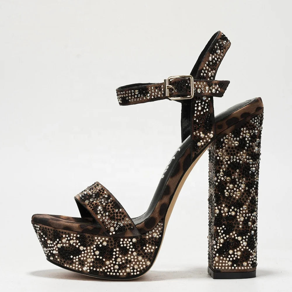 Women Square Toe Rhinestone Sandals Banquet Party Chunky High Heels Wide Fit Thick Platform Leopard Print Shoes