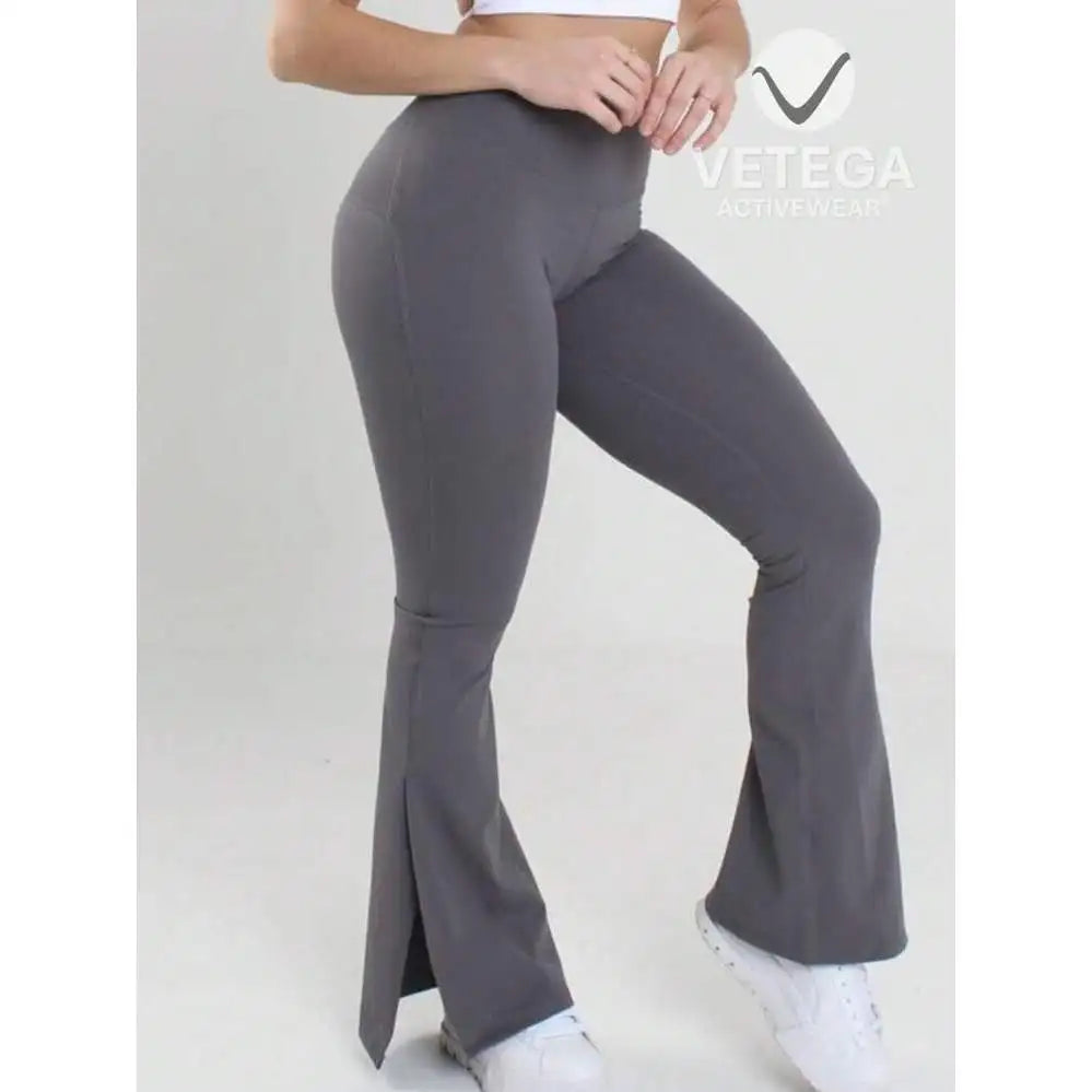 High Waisted Flared Yoga Leggings Side Slit Gray Seamless Stretch Woven Fabric Women's Pants Long Length Elastic Waist