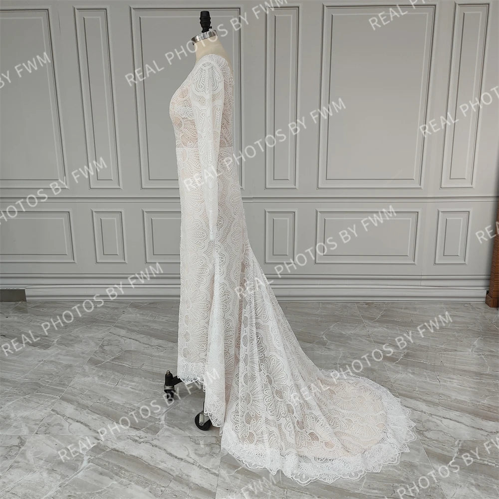 12476# Real Photo Front Slit V-neck Lace Wedding Dress Sweep Train Backless Mermaid Bride Gown for Women Bohemia