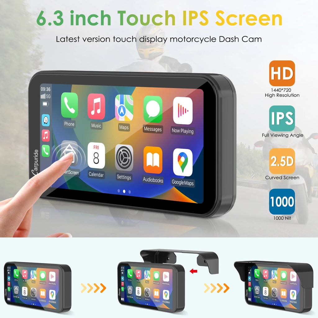 Carpuride W603D+TPMS Portable Touch Screen Dashboard Motorcycle GPS Navigation IP67 Waterproof Wireless Carplay CD Player